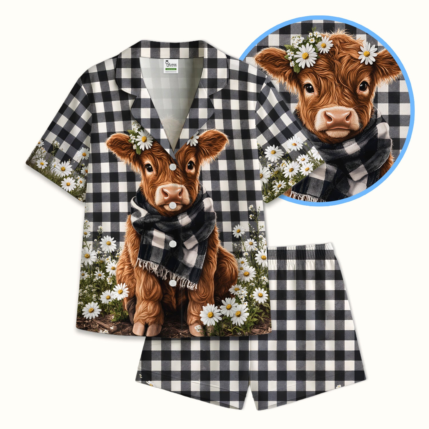 Highland Cow Daisy Pattern Pajama Set, Soft Breathable Fabric Comfortable Sleepwear