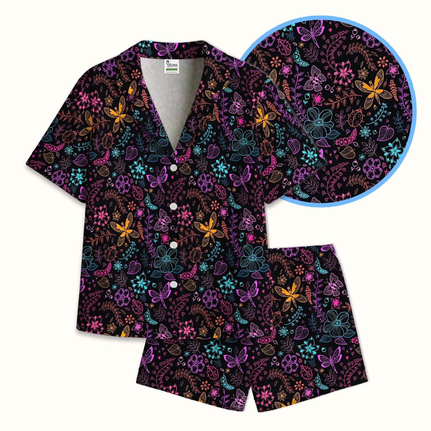 Neon Butterfly and Floral Garden Pattern Pajama Set, Breathable Fabrics Uniform