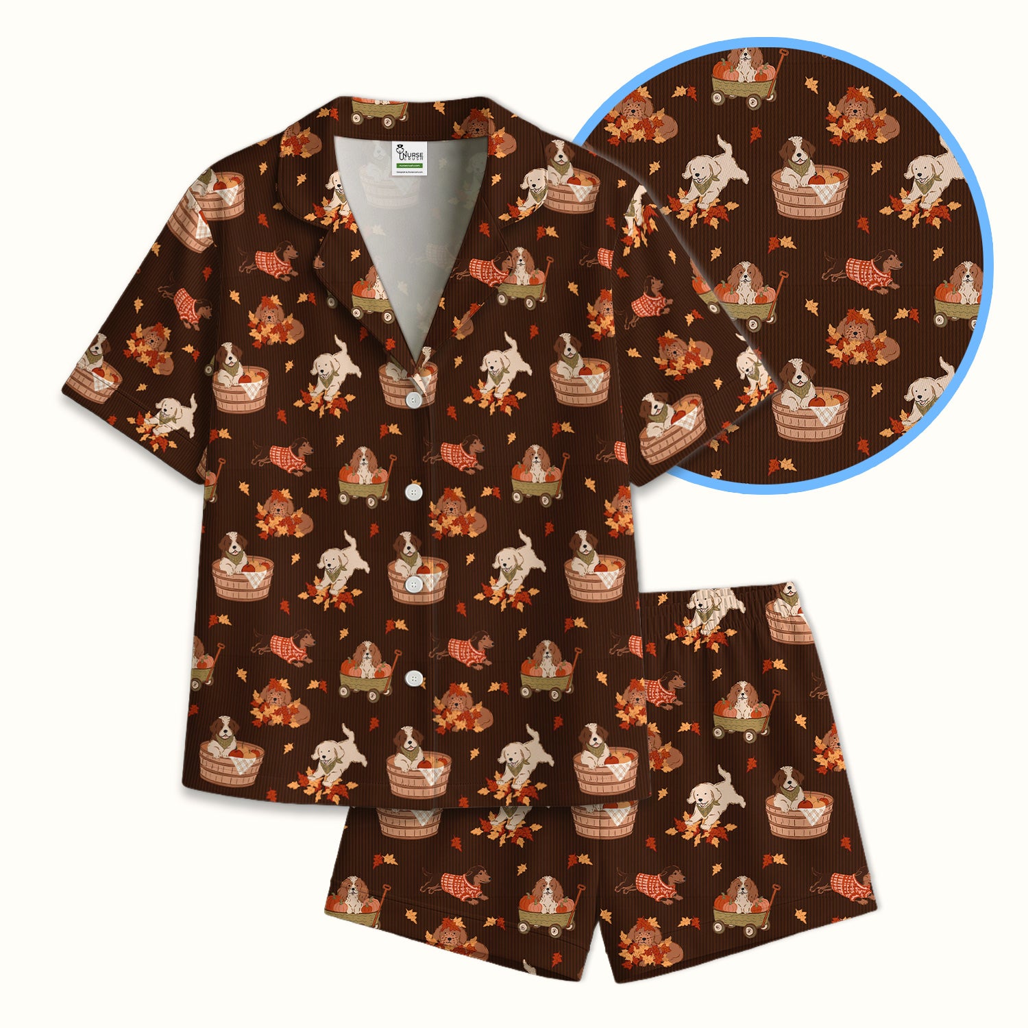 Cute Autumn Dogs And Falling Leaves Pajama Set, Soft Breathable Fabric Comfortable Sleepwear