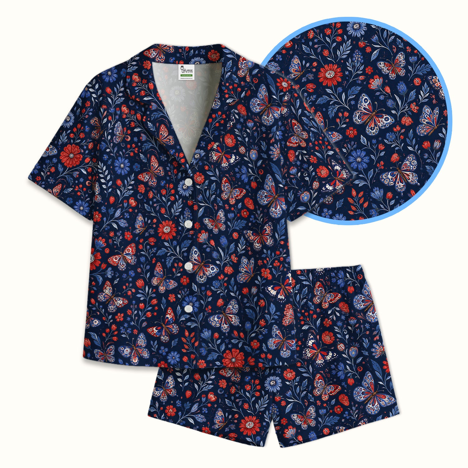 Patriotic Floral Butterfly Pattern Pajama Set, Soft Breathable Fabric Comfortable Sleepwear