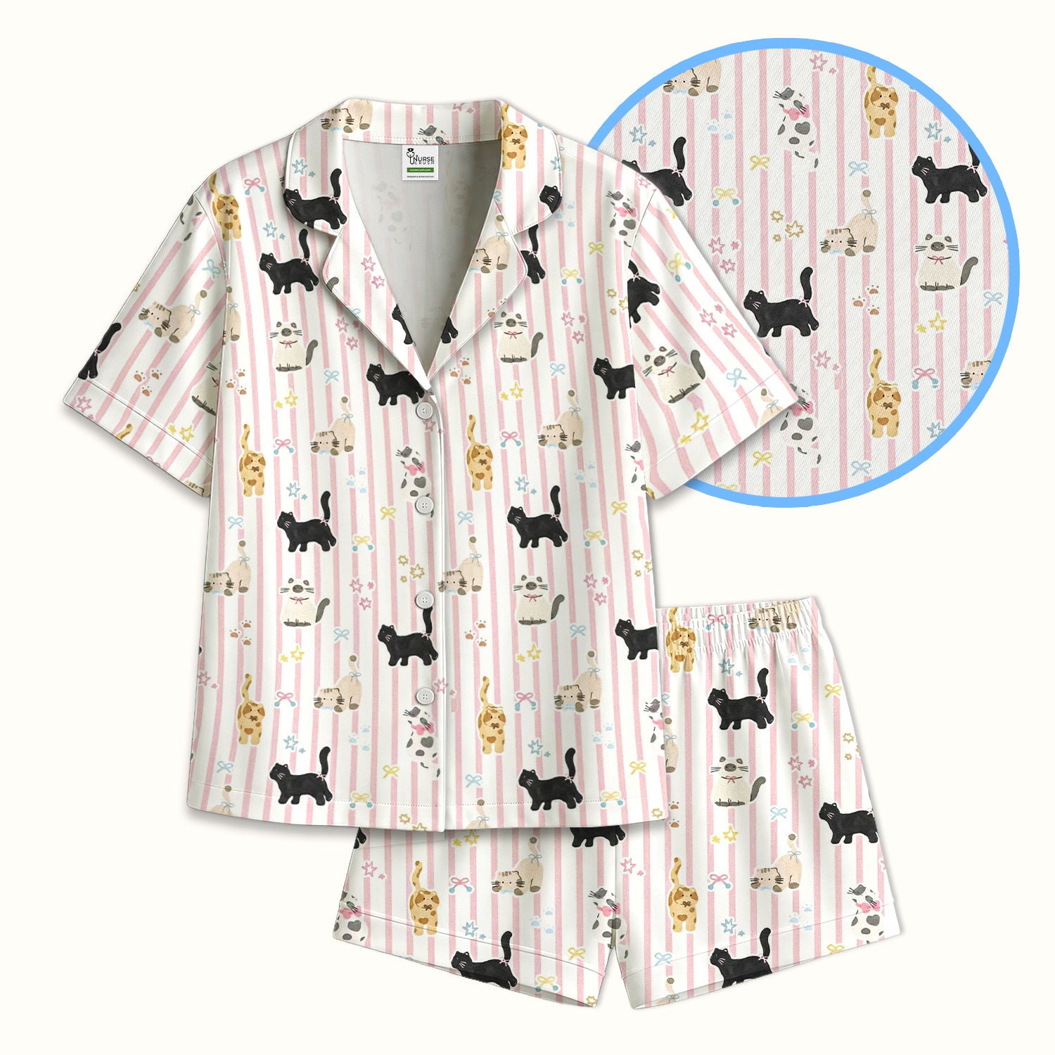 Cute Playful Cat Stripe Ribbon Pattern Pajama Set, Soft Breathable Fabric Comfortable Sleepwear