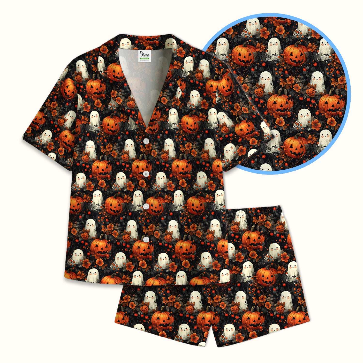 Spooky Halloween Ghost And Pumpkin Pattern Pajama Set, Soft Breathable Fabric Comfortable Sleepwear