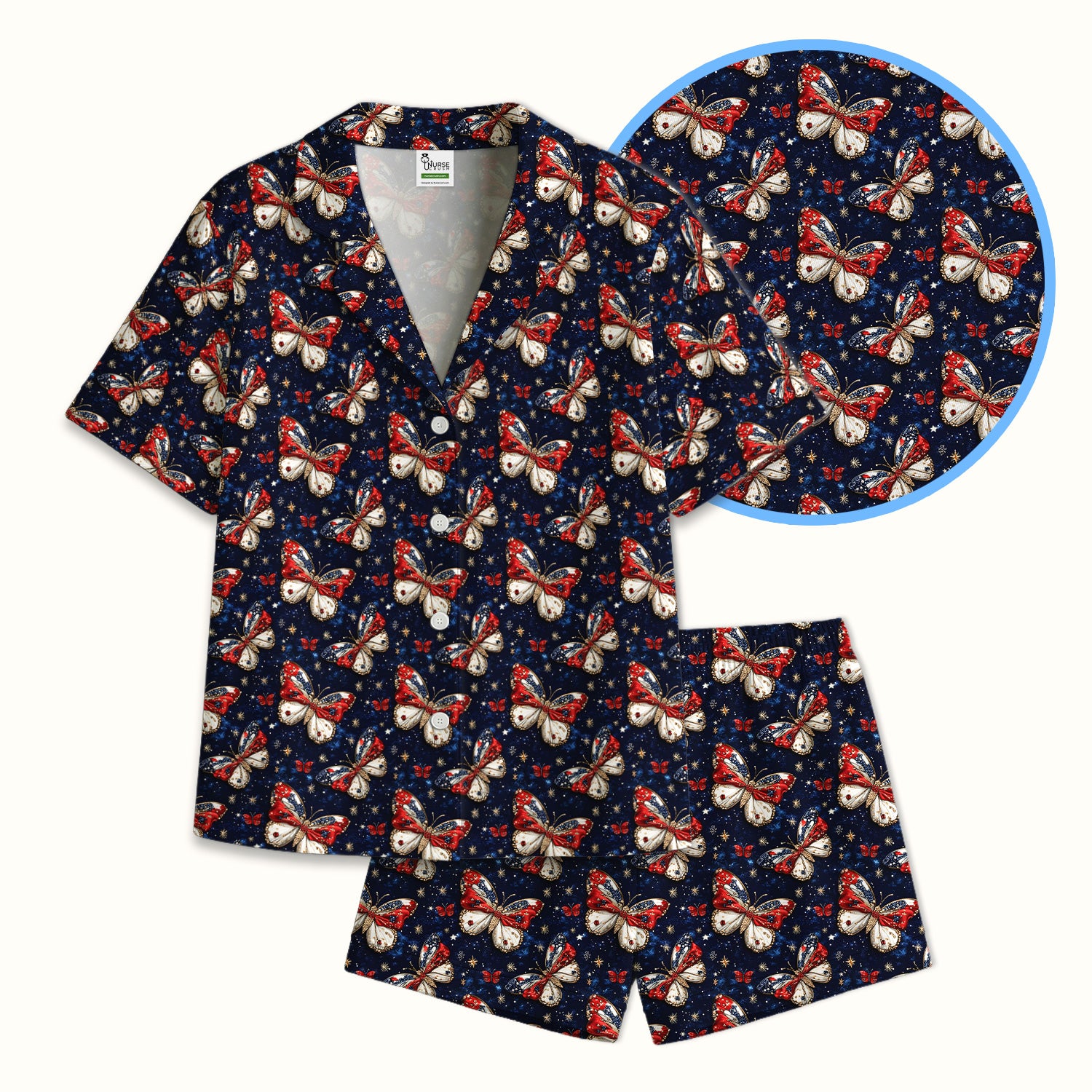 Patriotic Butterfly Nurse for RN & CNA, Americana Stars Healthcare Workers Uniform Pajama Set, Soft Breathable Fabric Comfortable Sleepwear