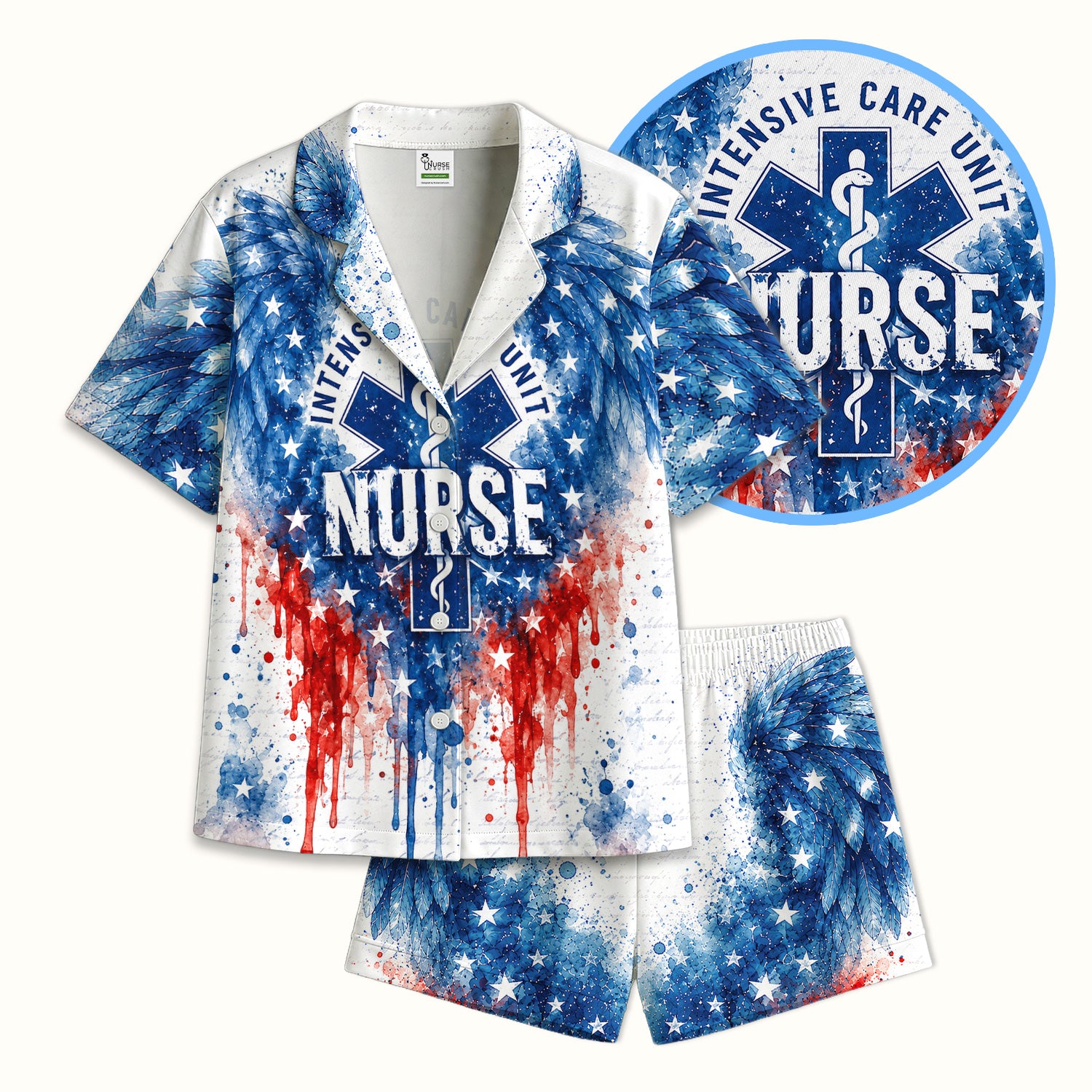 Patriotic Nurse Angel Wings Print Pajama Set, Soft Breathable Fabric Comfortable Sleepwear
