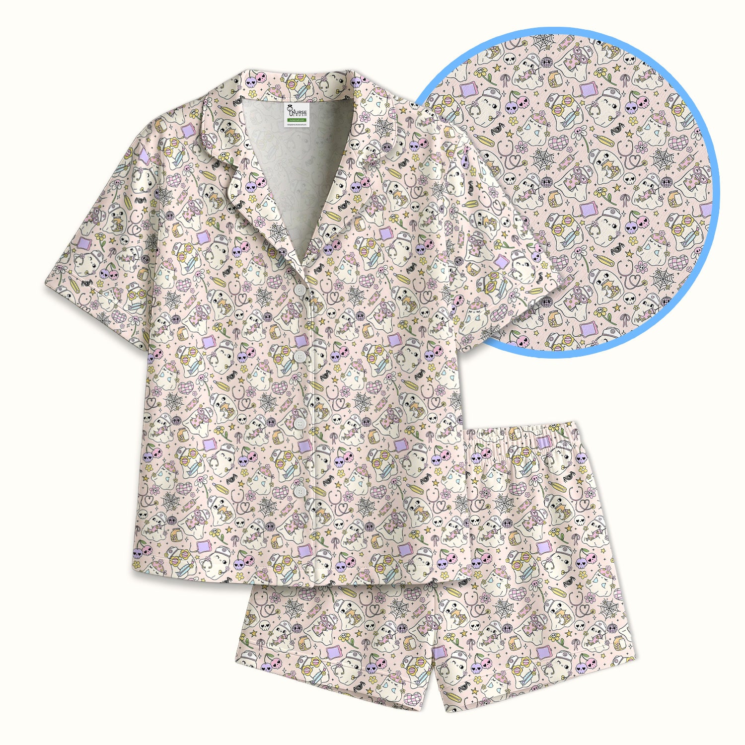 Cute Halloween Nurse Ghosts Pattern Pajama Set, Soft Breathable Fabric Comfortable Sleepwear