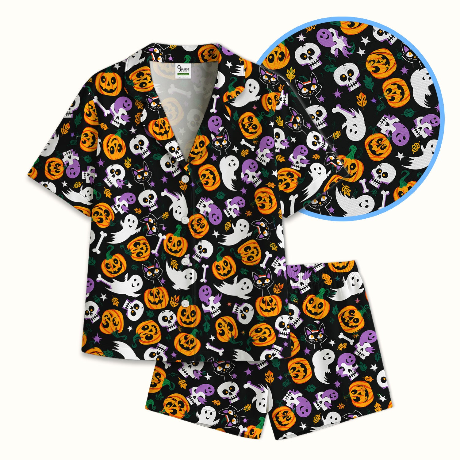 Spooky Pumpkin Ghost Print Pajama Set, Soft Breathable Fabric Comfortable Sleepwear