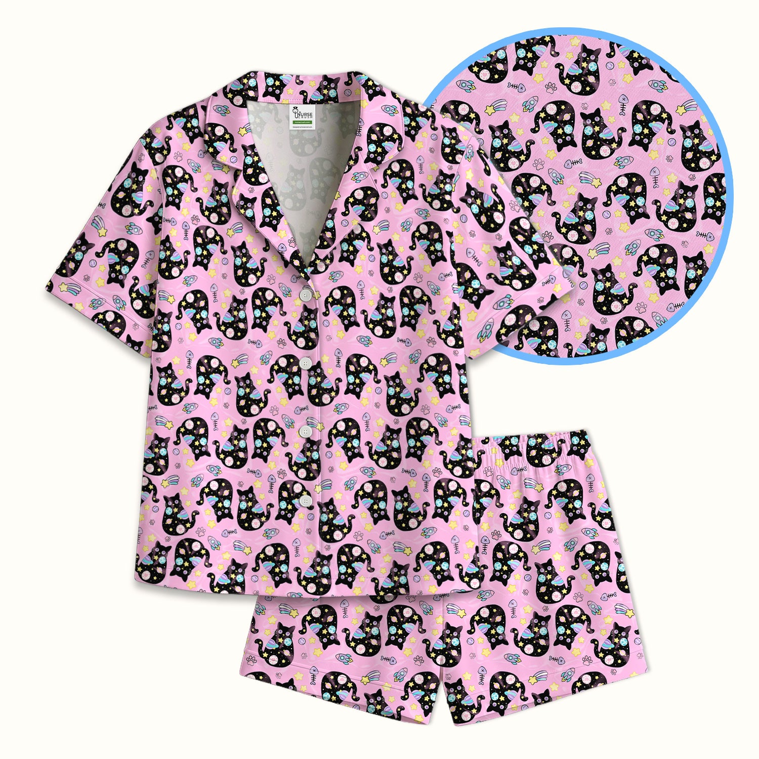 Galaxy Black Cat Space Pattern Pajama Set, Breathable Fabrics Uniform