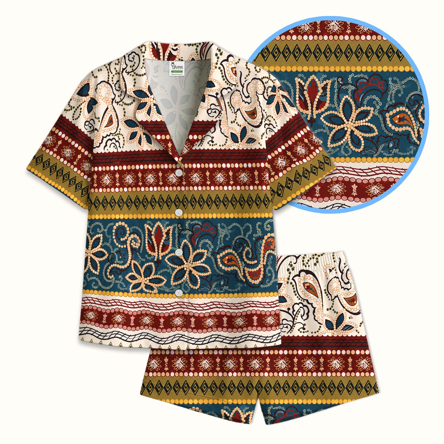 Boho Paisley Floral Stripe Pattern Pajama Set, Soft Breathable Fabric Comfortable Sleepwear