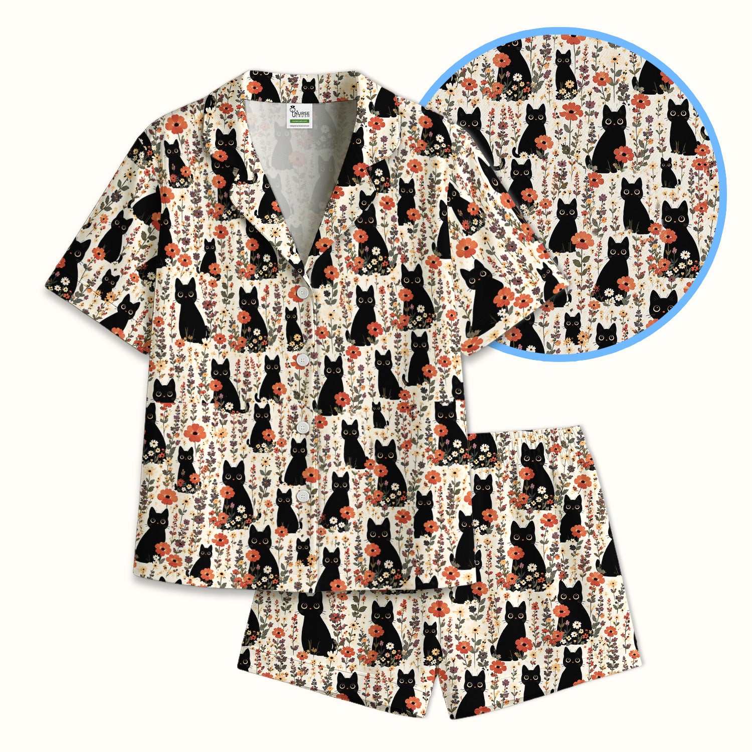 Cute Black Cat Wildflower Pattern Pajama Set, Soft Breathable Fabric Comfortable Sleepwear