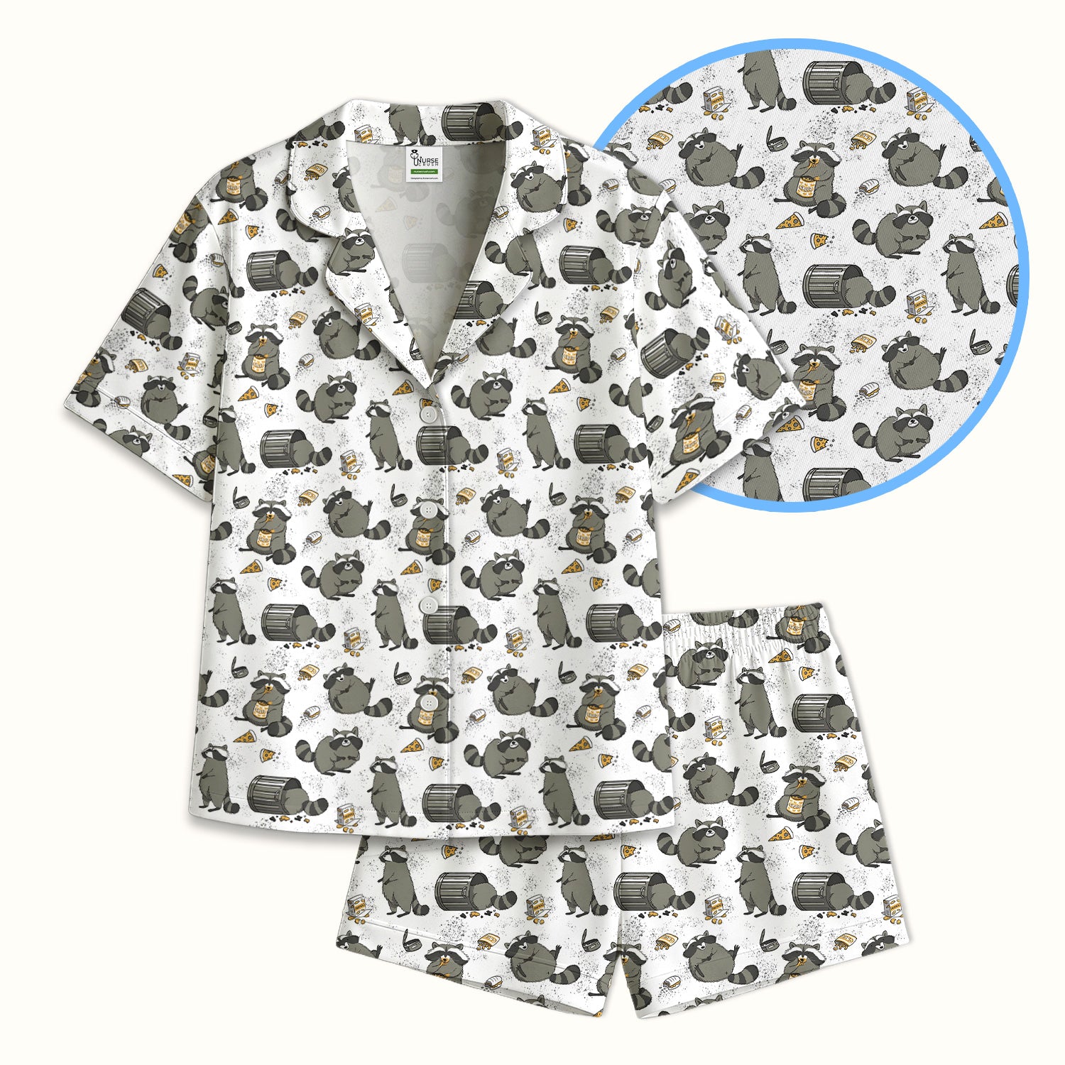 Raccoon Snack And Trash Can Pattern Pajama Set, Breathable Fabrics Uniform