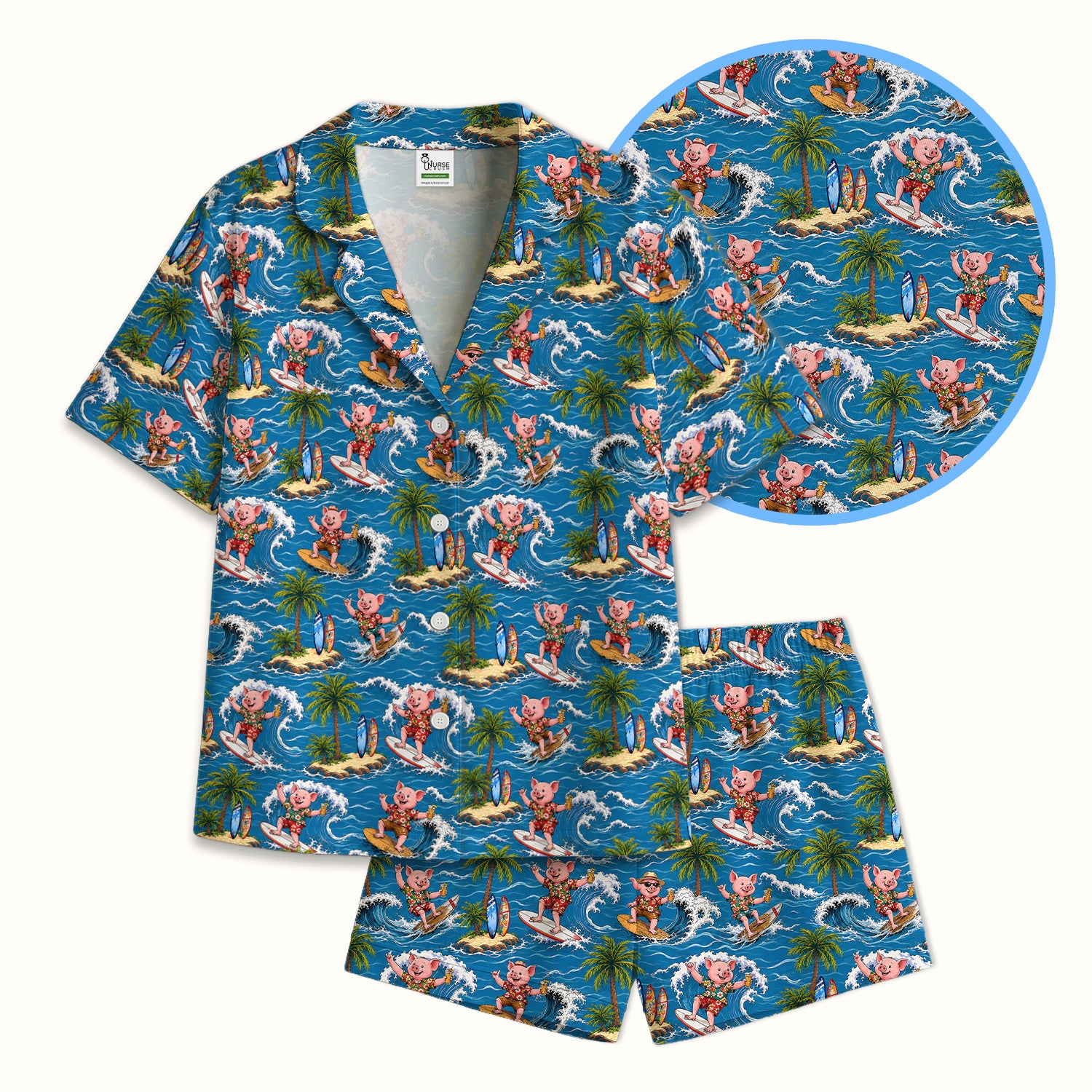 Tropical Surfing Pig Island Pattern Pajama Set, Soft Breathable Fabric Comfortable Sleepwear