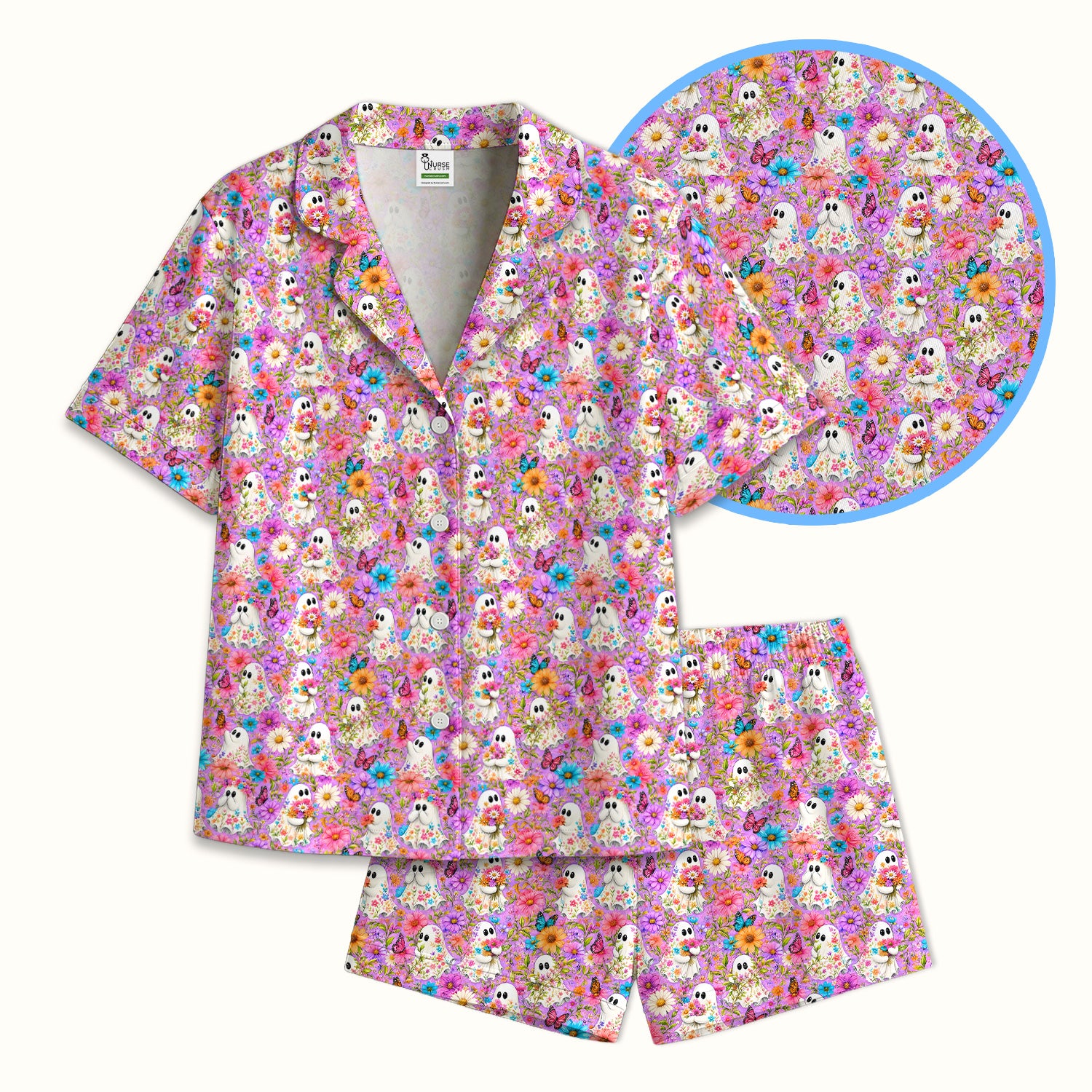 Cute Halloween Floral Ghosts And Butterflies Pajama Set, Soft Breathable Fabric Comfortable Sleepwear