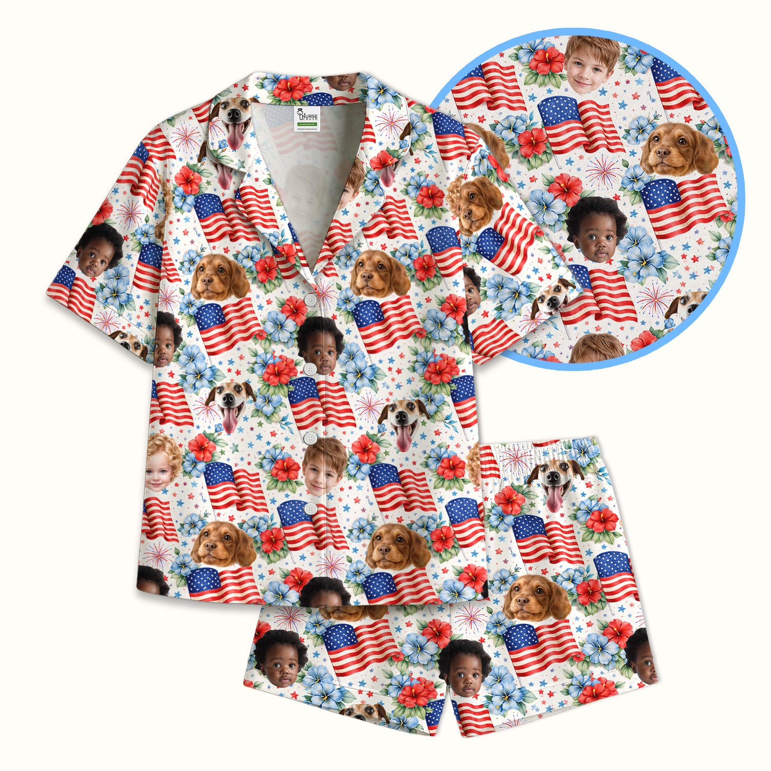 Custom Photo Patriotic Kids & Pet Faces Flag Nurse Pajama Set, Soft Breathable Fabric Comfortable Sleepwear