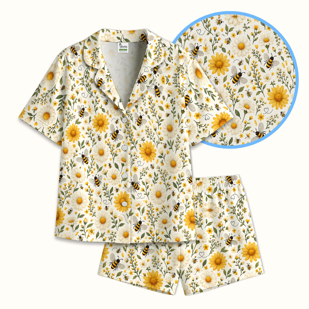 Cute Honey Bee And Daisy Pattern Pajama Set, Soft Breathable Fabric Comfortable Sleepwear
