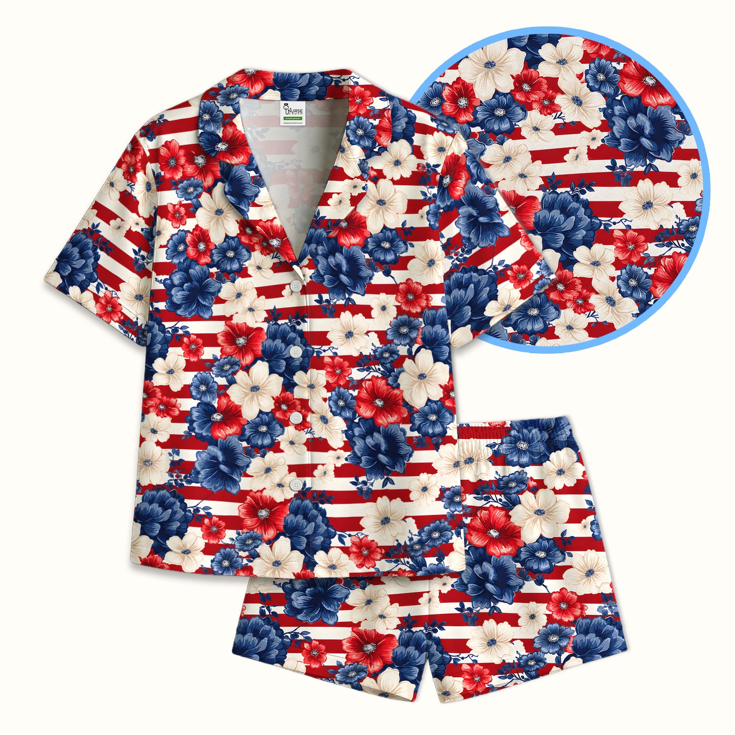 Patriotic Floral Nurse for RN & CNA, American Flag Healthcare Workers Medical Uniform Pajama Set, Soft Breathable Fabric Comfortable Sleepwear