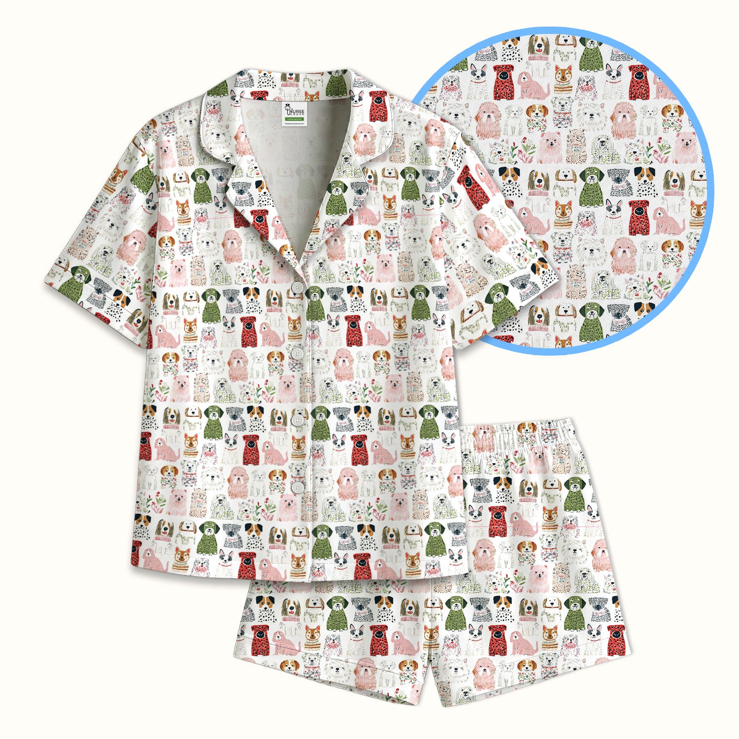 Cute Cartoon Dog Breeds Pattern Pajama Set, Breathable Fabrics Uniform