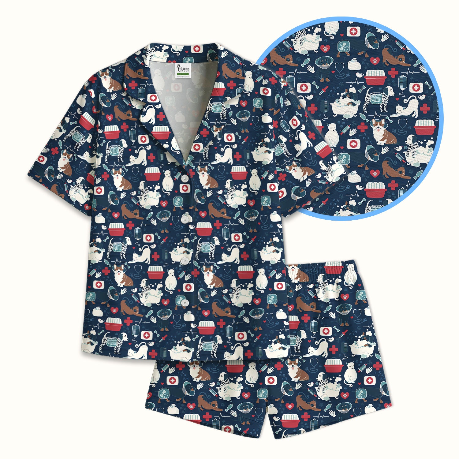 Dogs With Veterinary Tools And Paw Print Pajama Set, Breathable Fabrics Uniform