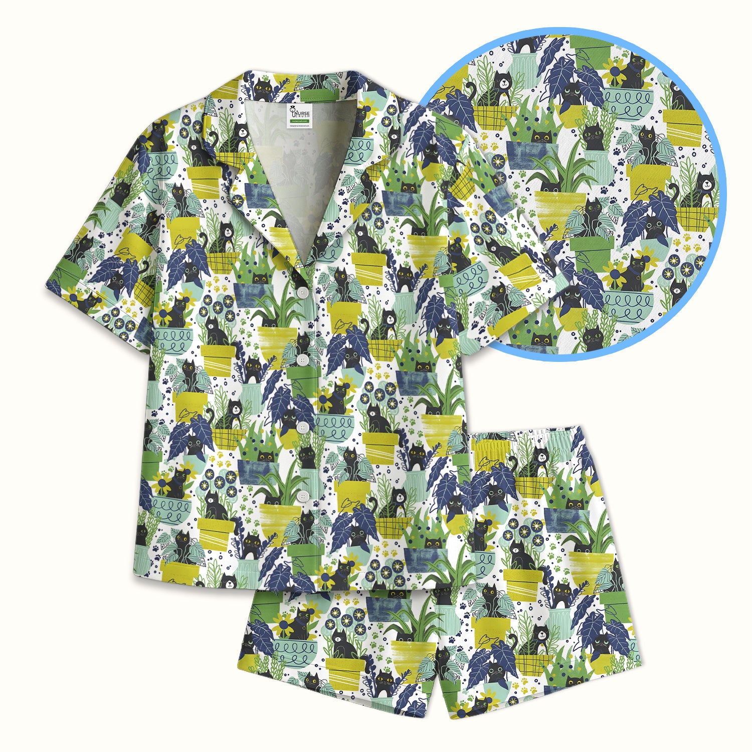 Black Cat Planter Garden Pattern Pajama Set, Soft Breathable Fabric Comfortable Sleepwear