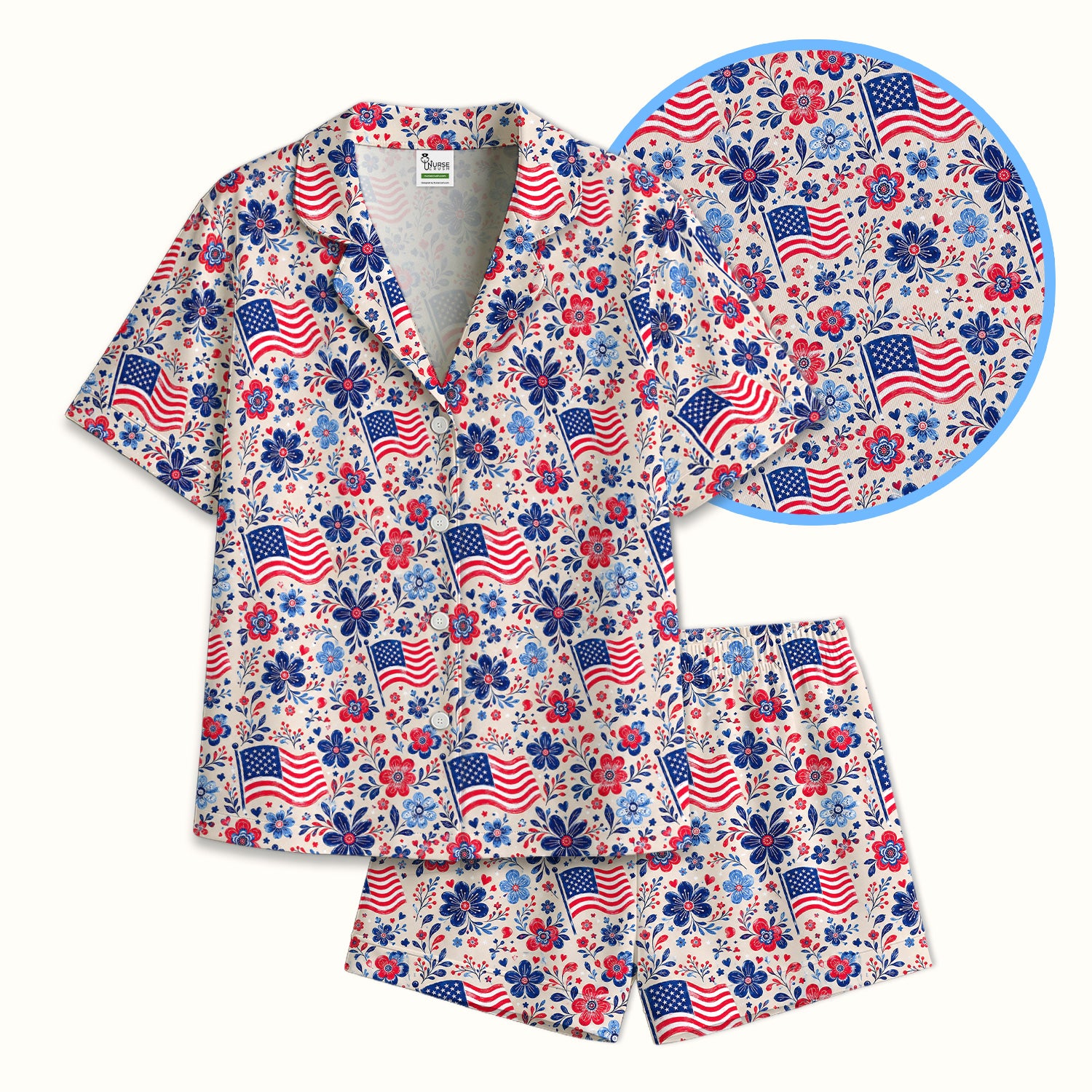 Patriotic Flag Floral Nurse Pattern Pajama Set, Soft Breathable Fabric Comfortable Sleepwear