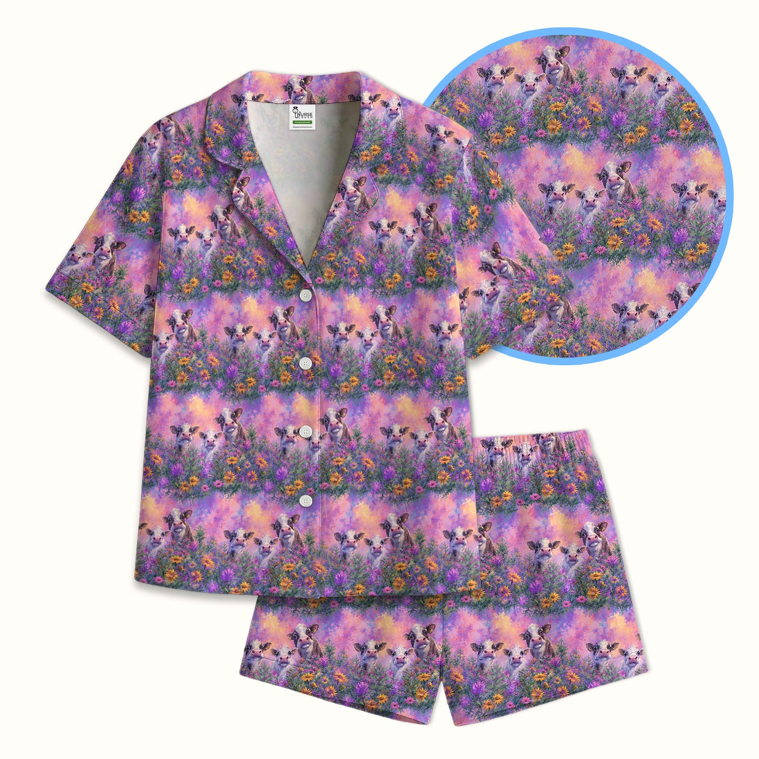 Pastel Cow Meadow Flower Pattern Pajama Set, Soft Breathable Fabric Comfortable Sleepwear
