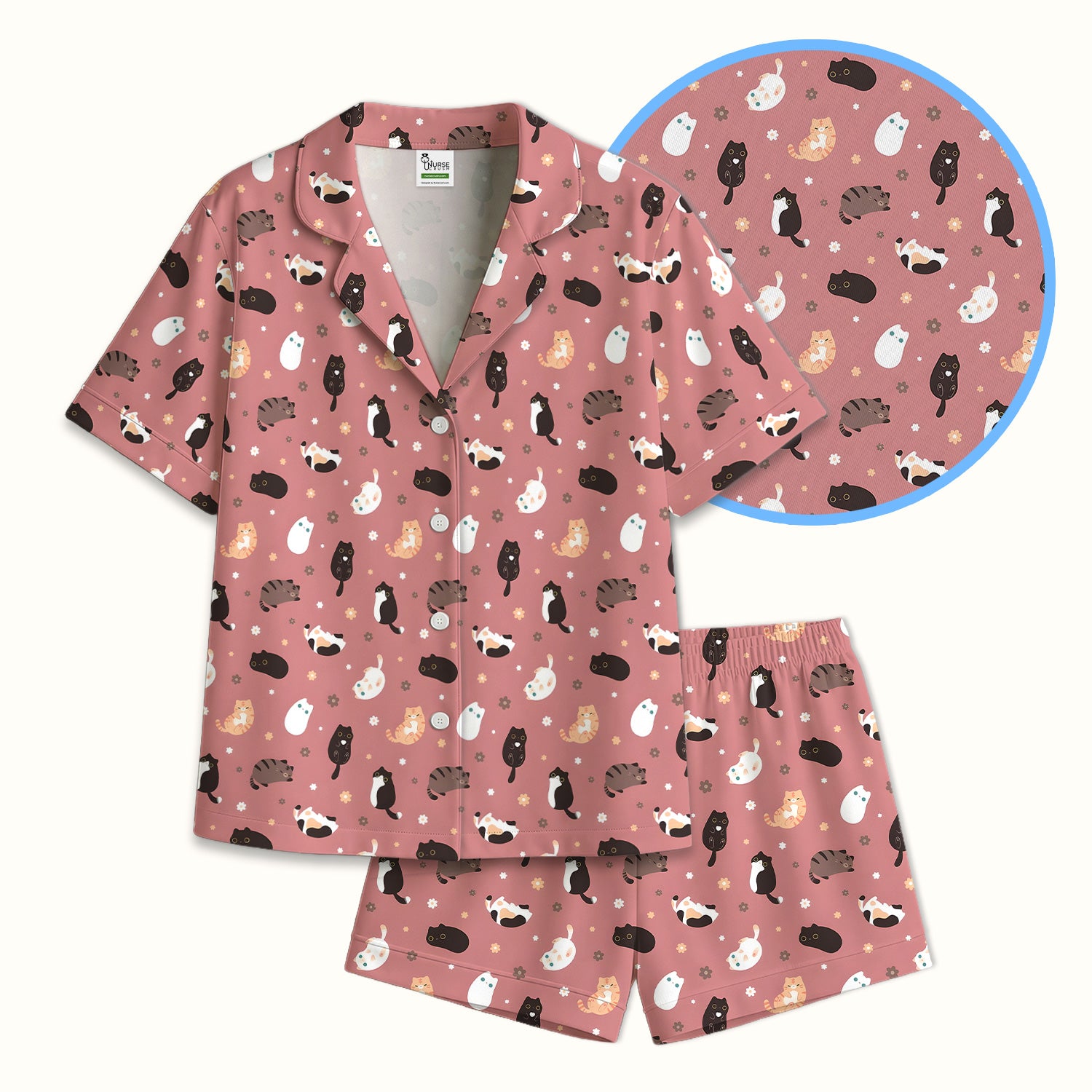 Adorable Kitty Nurse Pattern Pajama Set, Soft Breathable Fabric Comfortable Sleepwear
