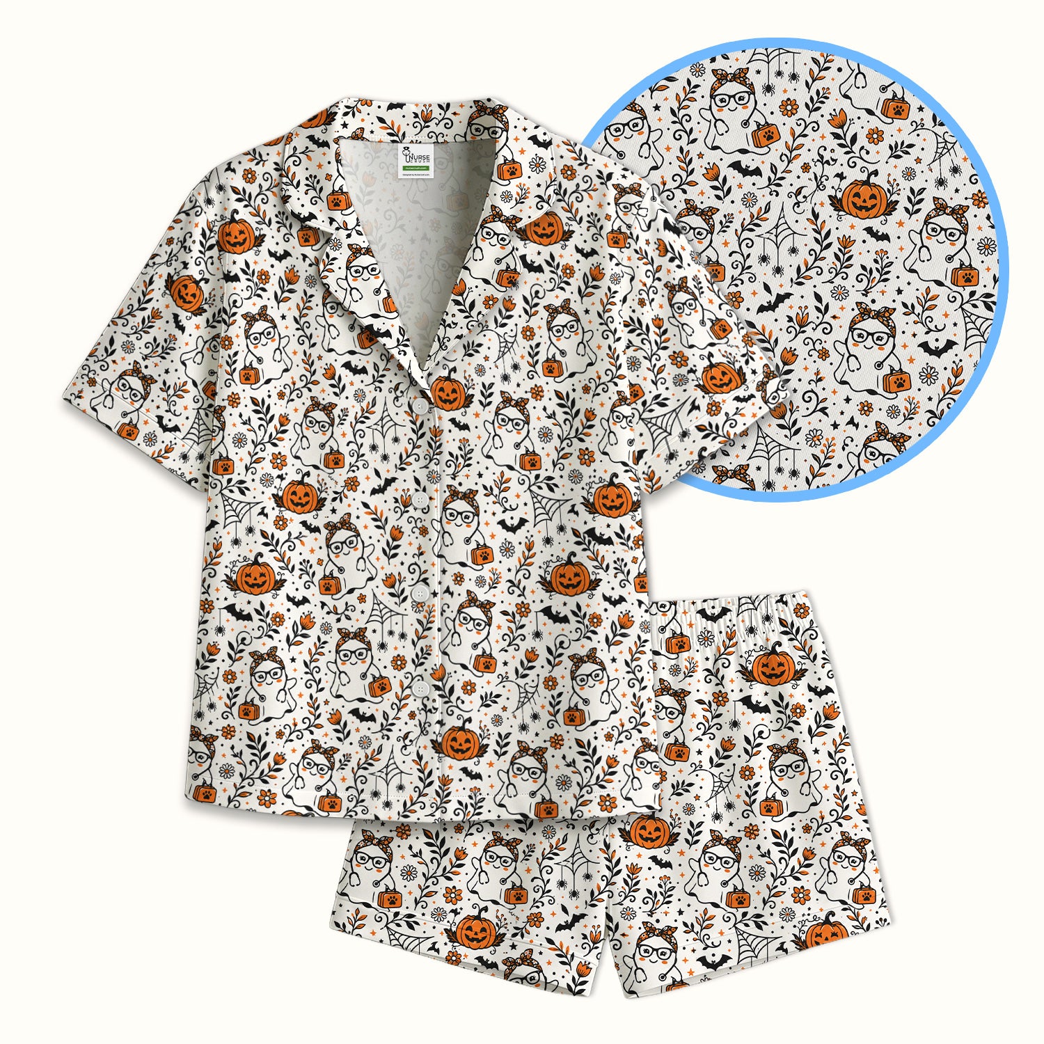 Cute Halloween Nurse Ghost And Pumpkins Pajama Set, Soft Breathable Fabric Comfortable Sleepwear