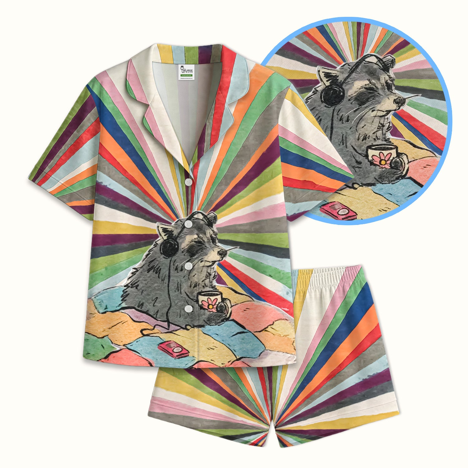 Chill Raccoon Rainbow Music Pattern Pajama Set, Soft Breathable Fabric Comfortable Sleepwear