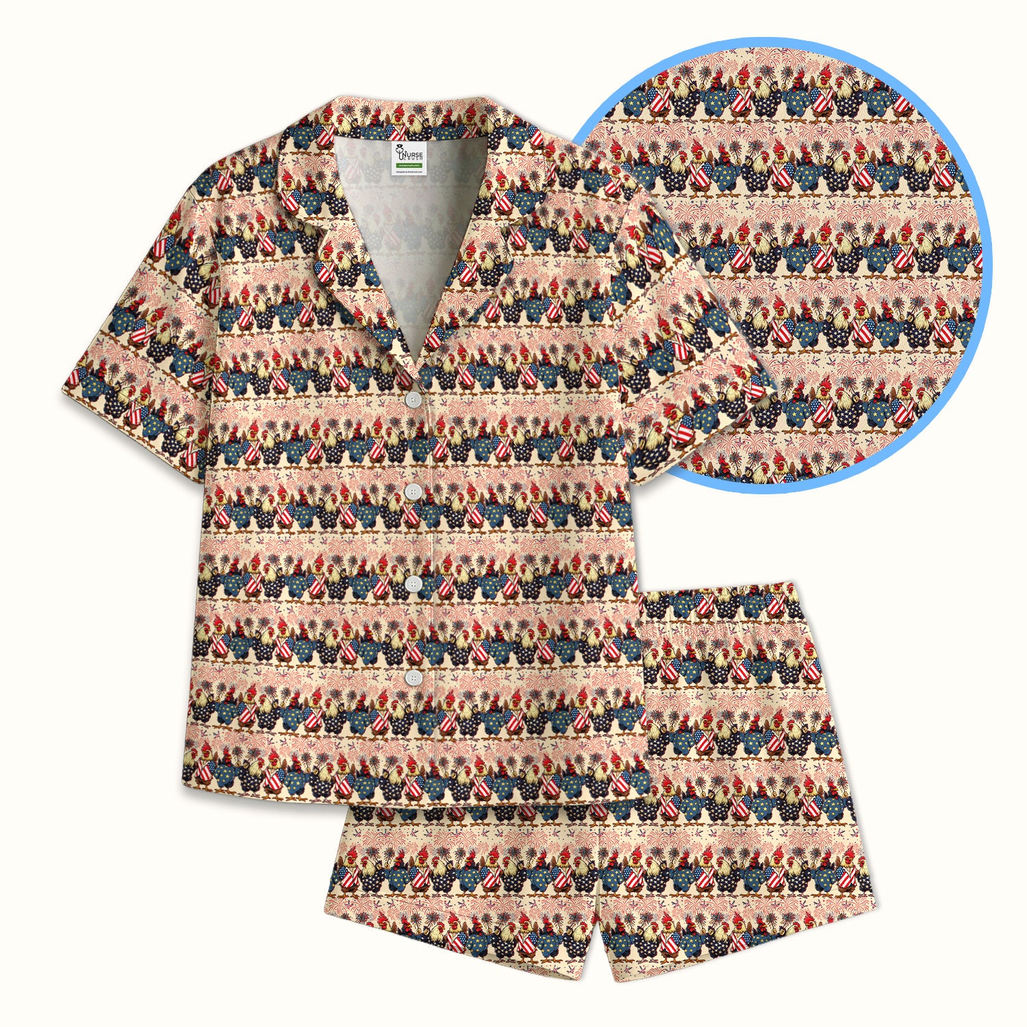 Patriotic Rooster Fireworks Pattern Pajama Set, Breathable Fabrics Uniform