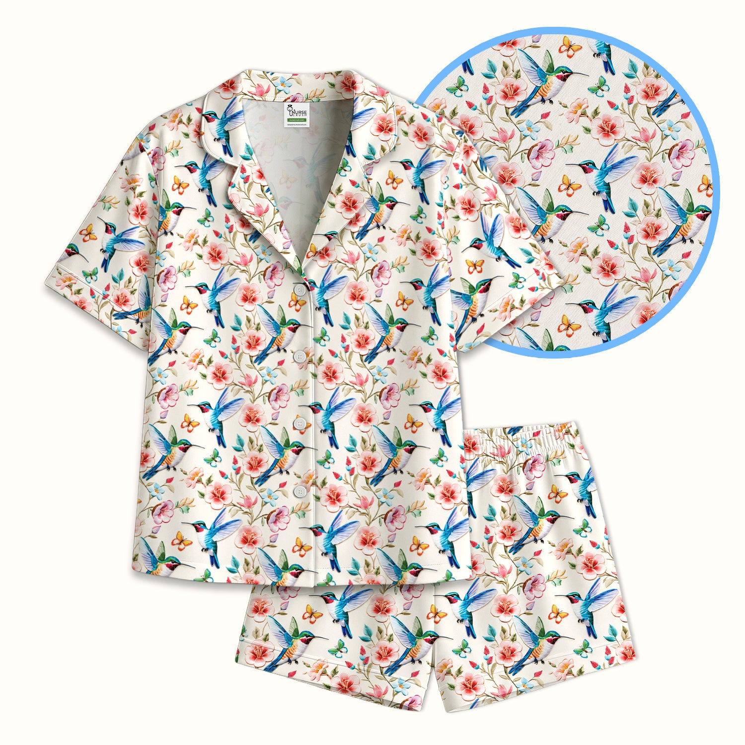Hummingbird Blossom Butterfly Pattern Pajama Set, Soft Breathable Fabric Comfortable Sleepwear