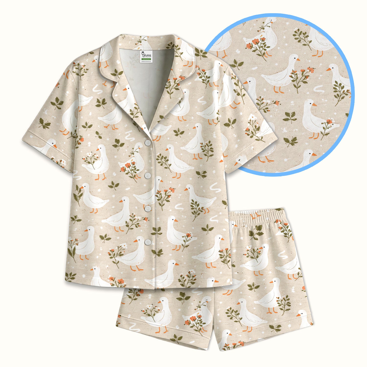 White Goose Floral Meadow Pattern Pajama Set, Soft Breathable Fabric Comfortable Sleepwear