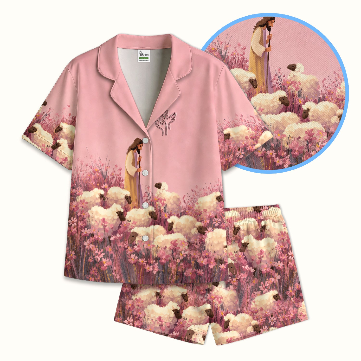 Christian Shepherd With Lambs Pattern Pajama Set, Soft Breathable Fabric Comfortable Sleepwear