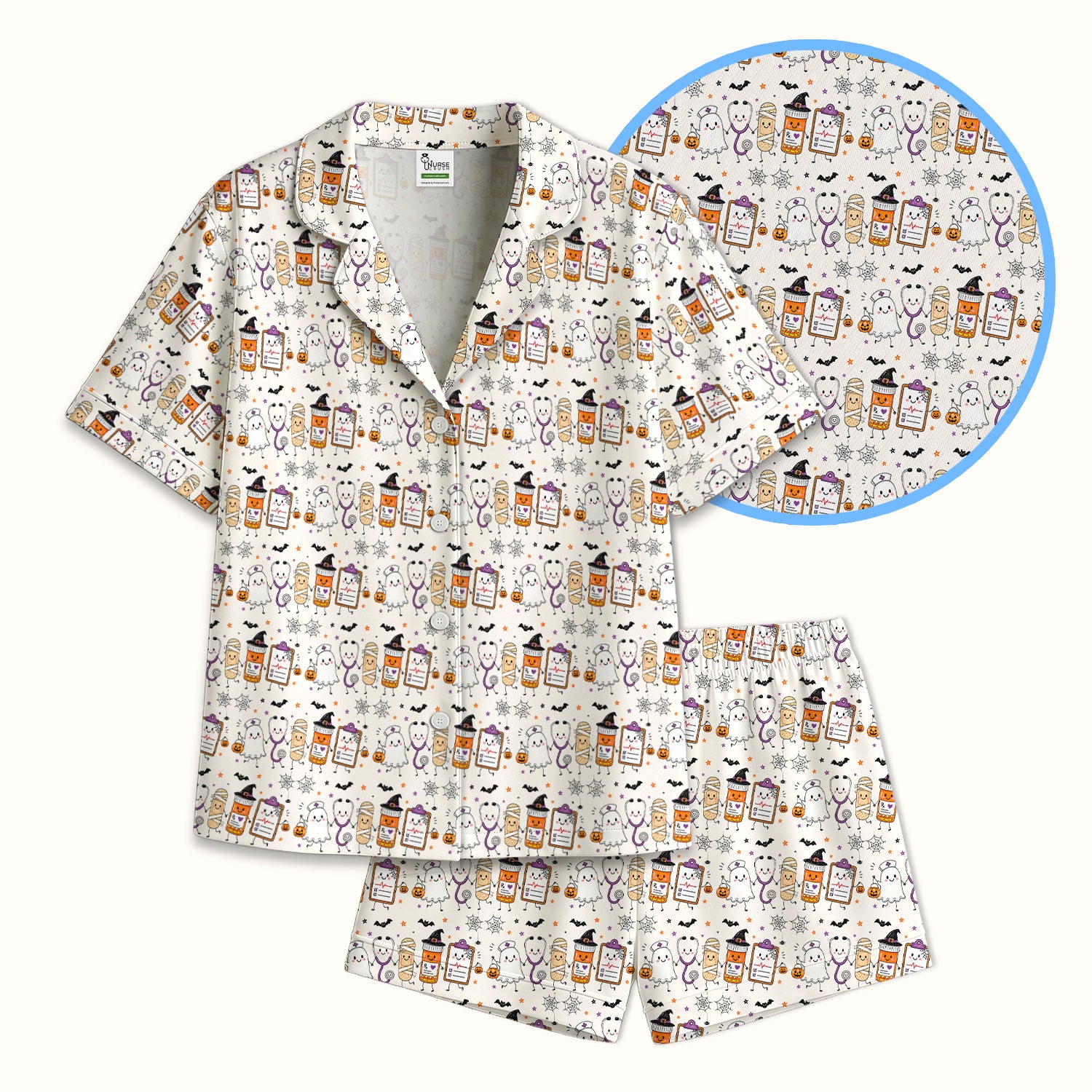 Halloween Medical Characters Print Pajama Set, Soft Breathable Fabric Comfortable Sleepwear