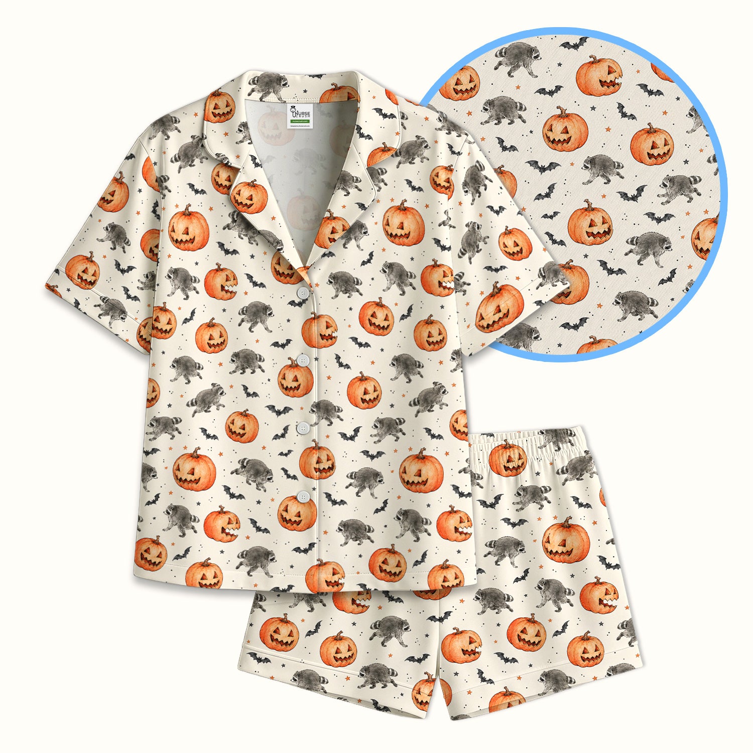 Spooky Halloween Raccoon And Pumpkin Pajama Set, Soft Breathable Fabric Comfortable Sleepwear