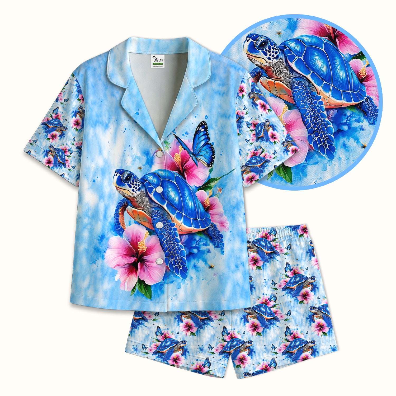 Blue Sea Turtle Hibiscus Butterfly Print Pajama Set, Soft Breathable Fabric Comfortable Sleepwear