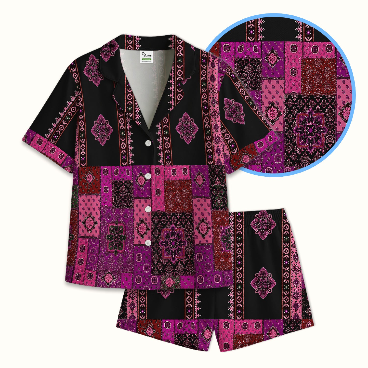 Boho Pink Bandana Patchwork Pattern Pajama Set, Soft Breathable Fabric Comfortable Sleepwear