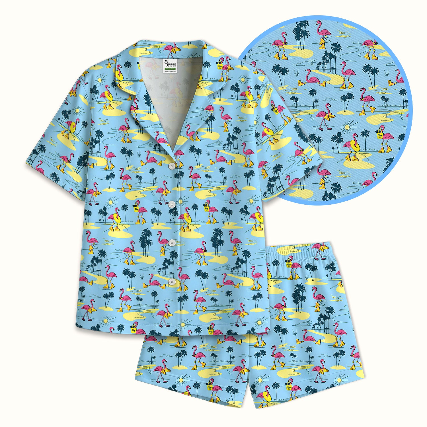 Retro Flamingo Nurse Print Pajama Set, Soft Breathable Fabric Comfortable Sleepwear
