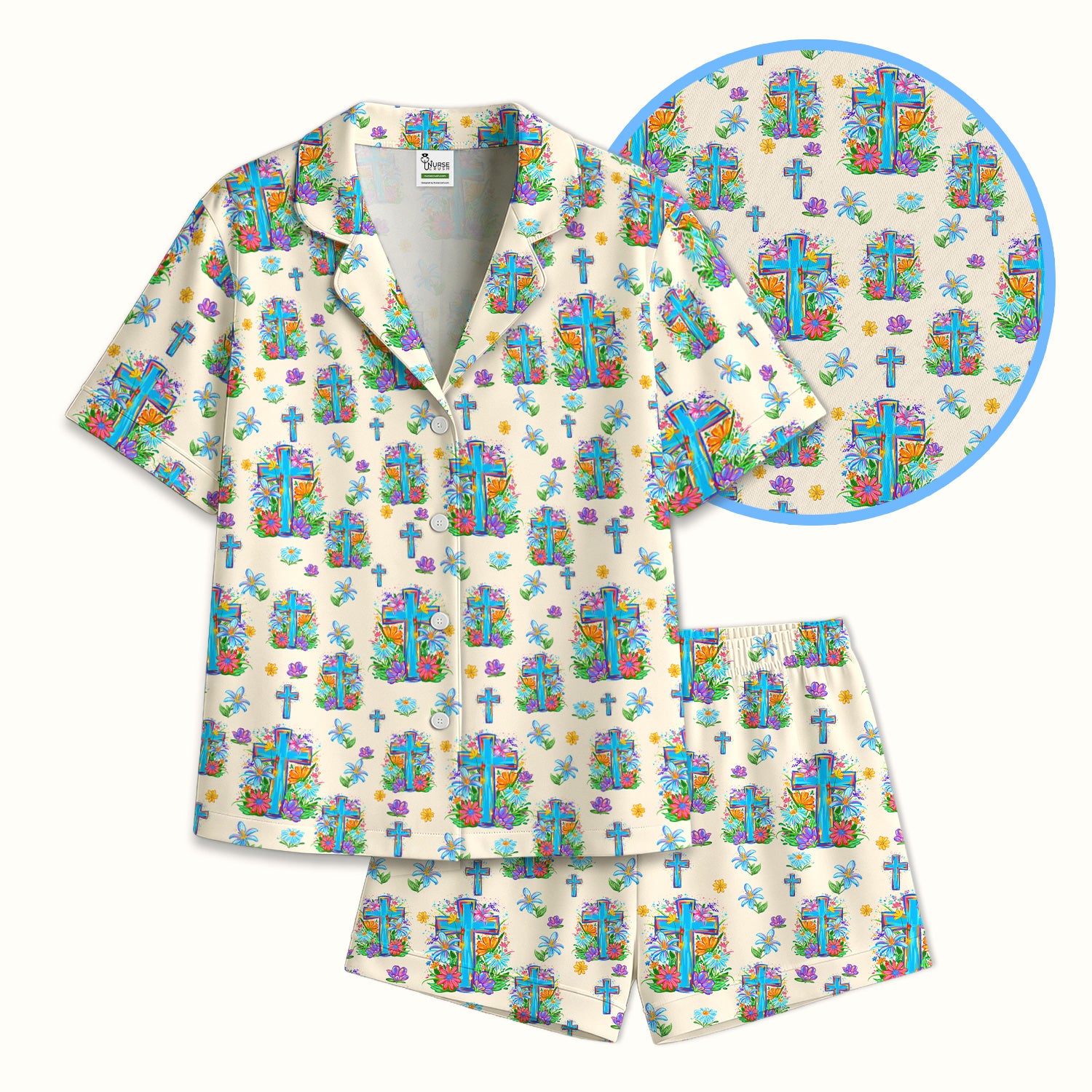 Christian Floral Cross Spring Pattern Pajama Set, Breathable Fabrics Uniform