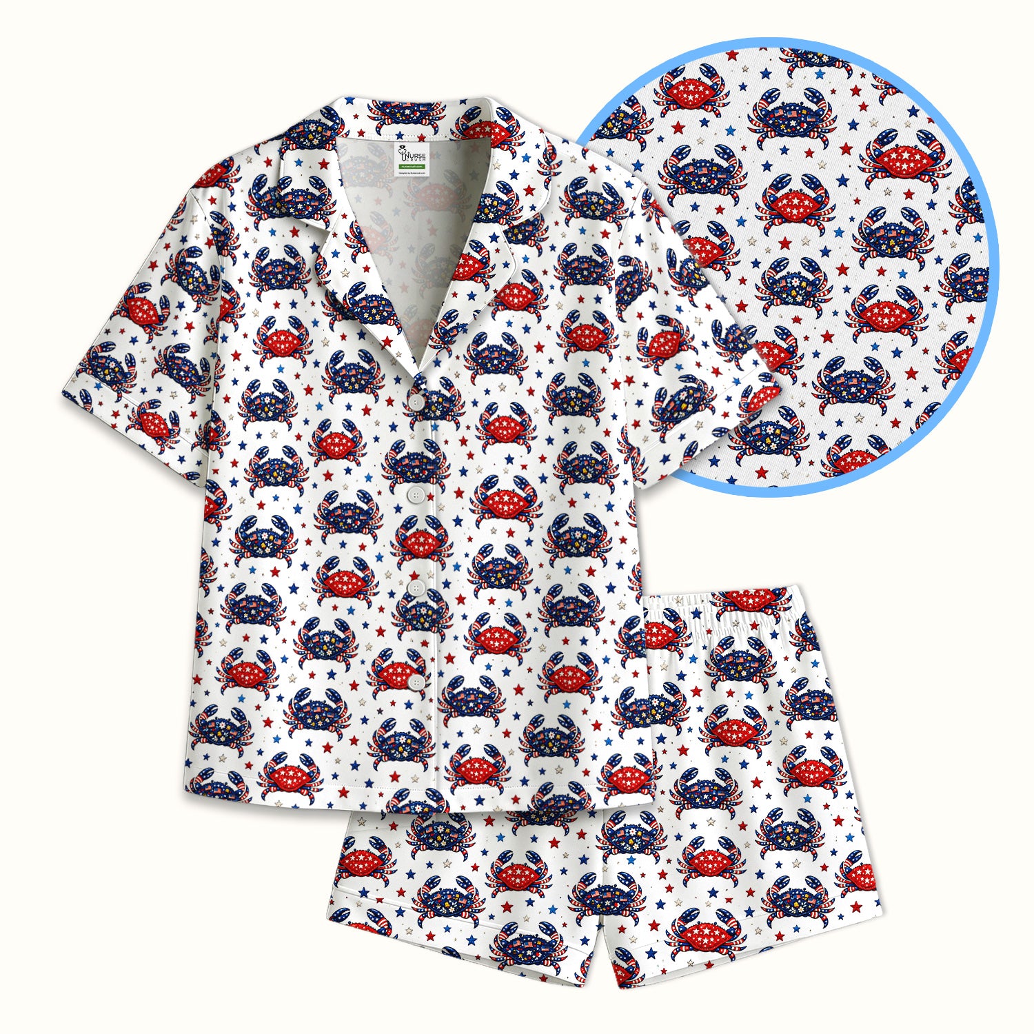 Patriotic Crab Stars Pattern Pajama Set, Soft Breathable Fabric Comfortable Sleepwear
