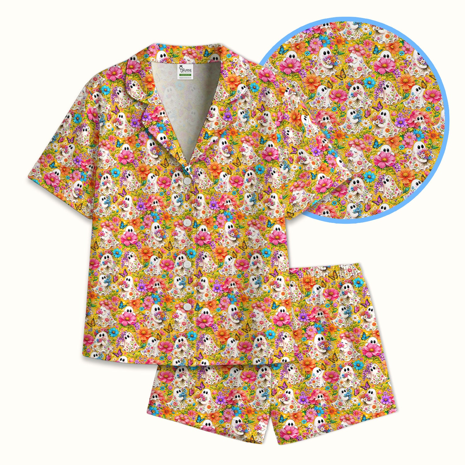 Cute Floral Ghosts And Butterflies Pajama Set, Soft Breathable Fabric Comfortable Sleepwear
