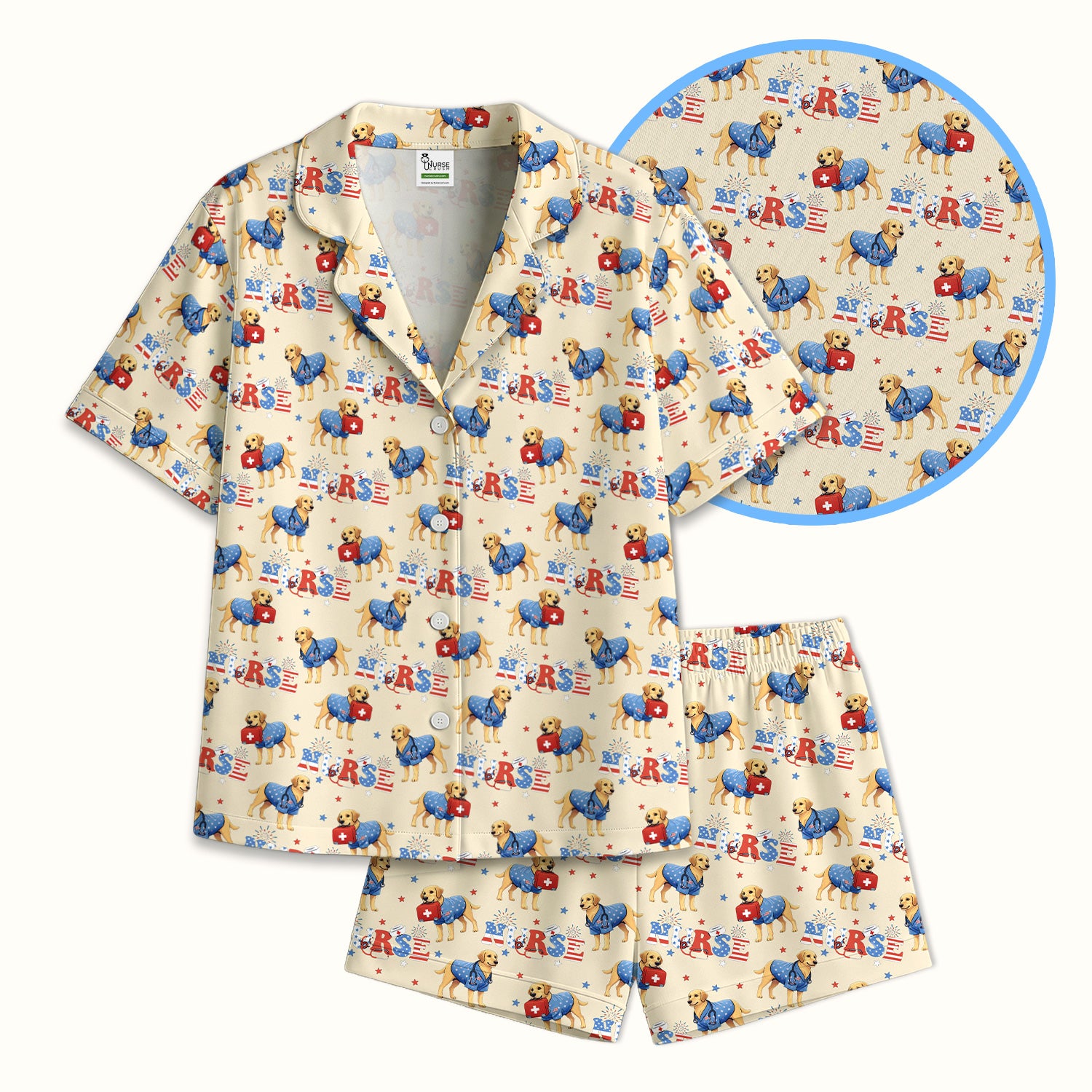 Patriotic Nurse Dog Medical Pattern Pajama Set, Breathable Fabrics Uniform