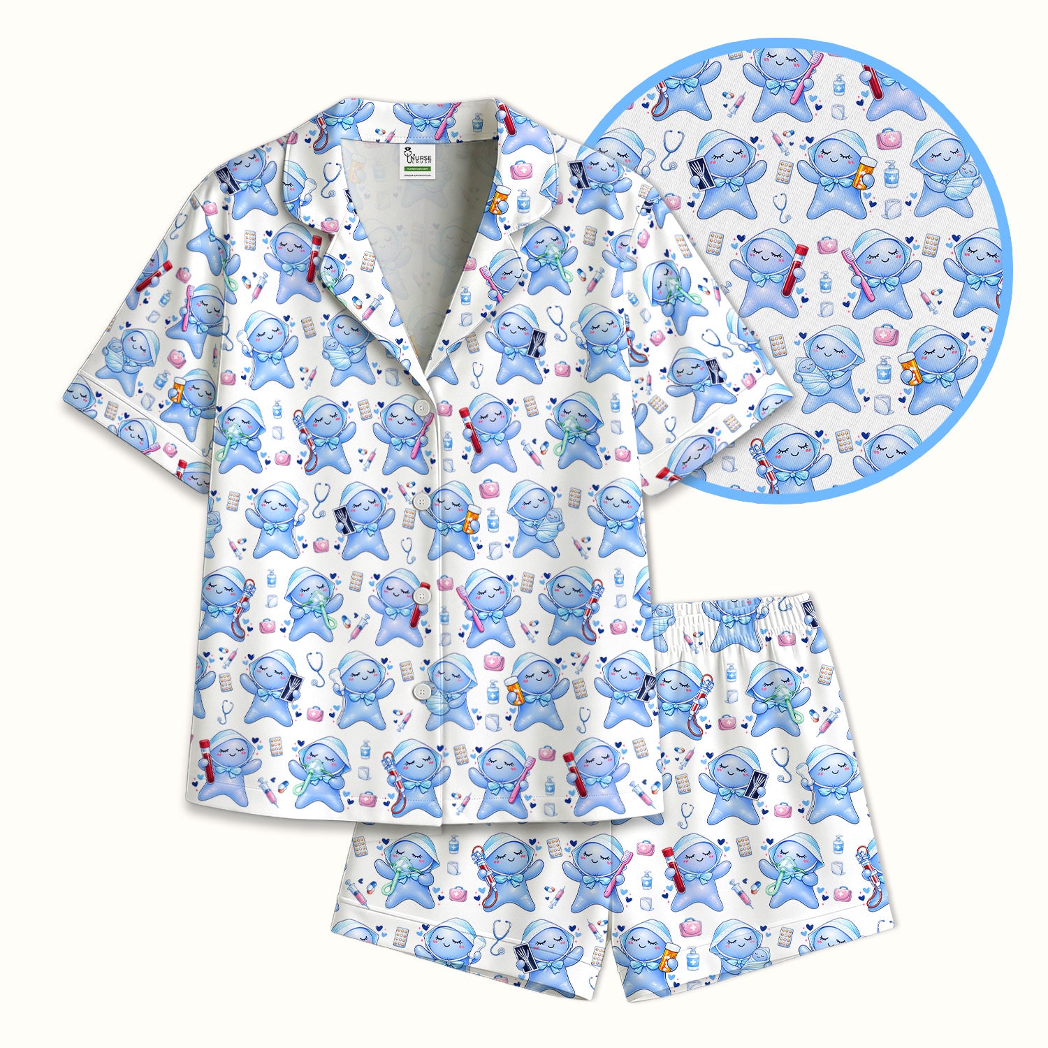 Cute Tooth Character Dental Tools Caring Pattern Pajama Set, Breathable Fabrics Uniform