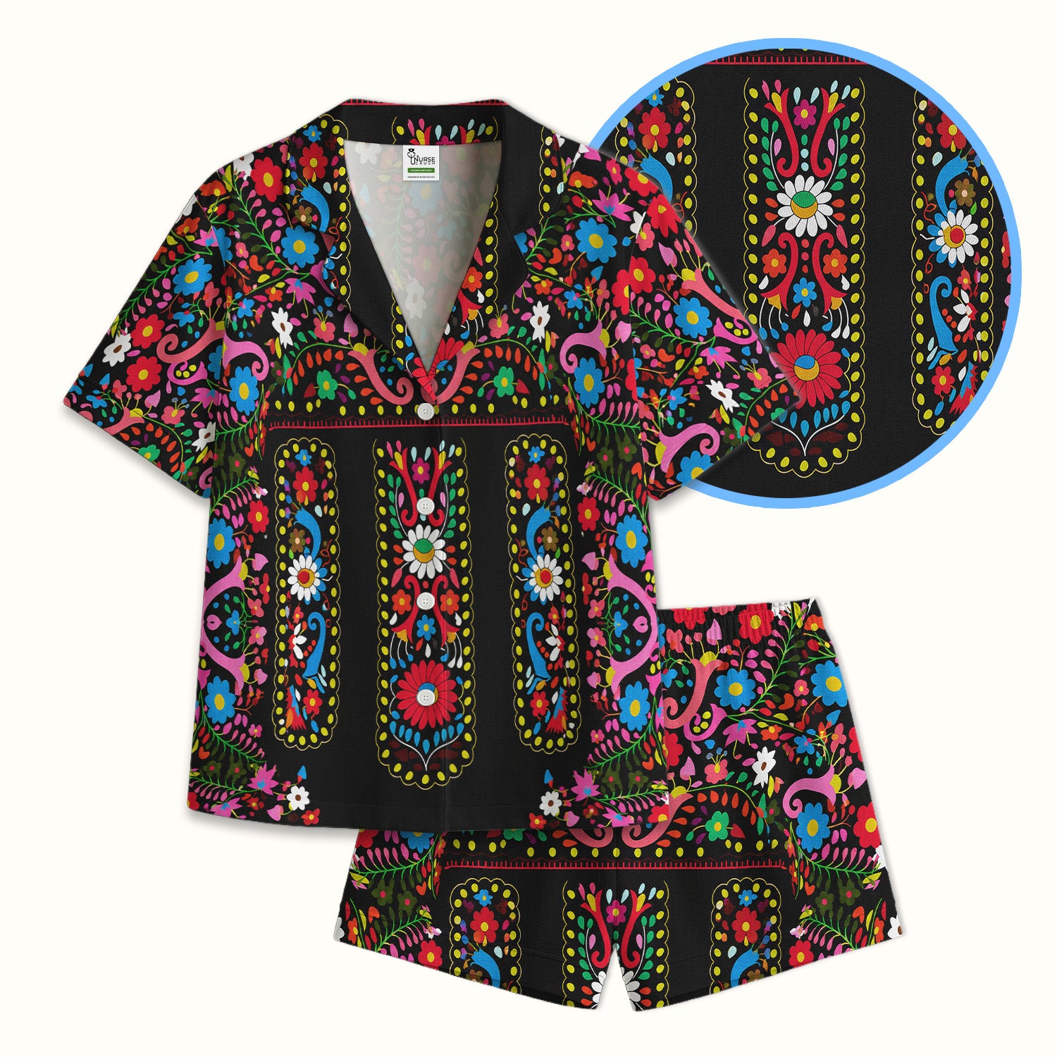 Colorful Folk Art Floral Pattern Pajama Set, Soft Breathable Fabric Comfortable Sleepwear