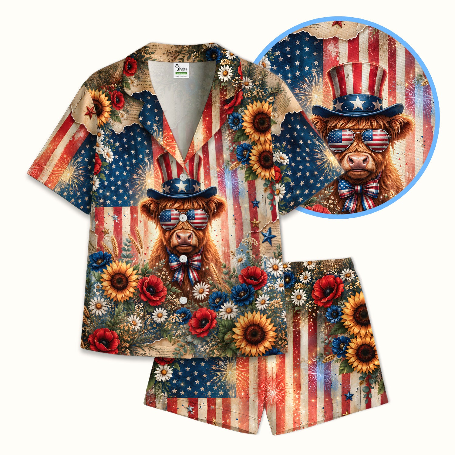Patriotic Highland Cow Nurse for RN, CNA, Healthcare Workers Pajama Set, Soft Breathable Fabric Comfortable Sleepwear