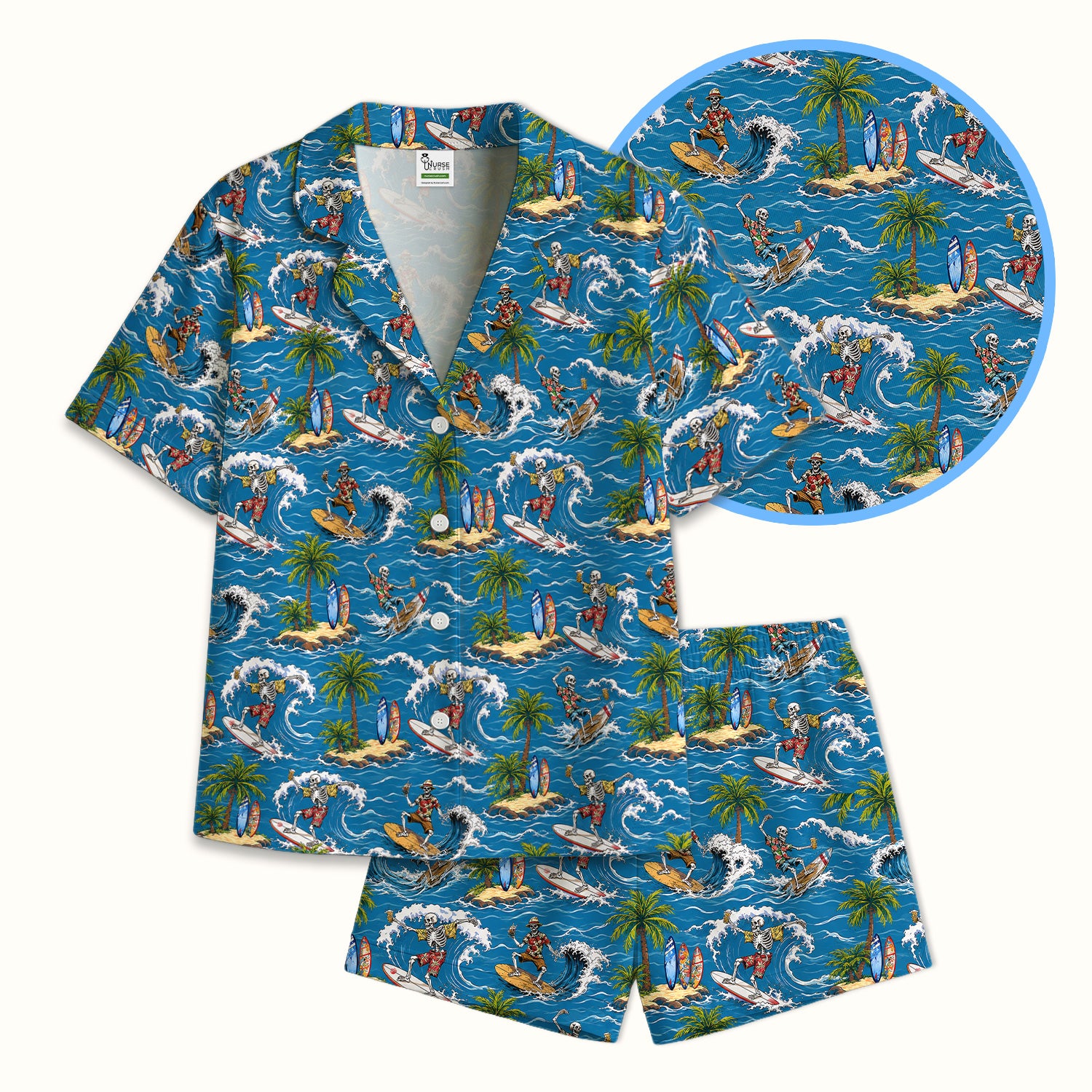 Spooky Tropical Skeleton Surfer Pattern Pajama Set, Soft Breathable Fabric Comfortable Sleepwear
