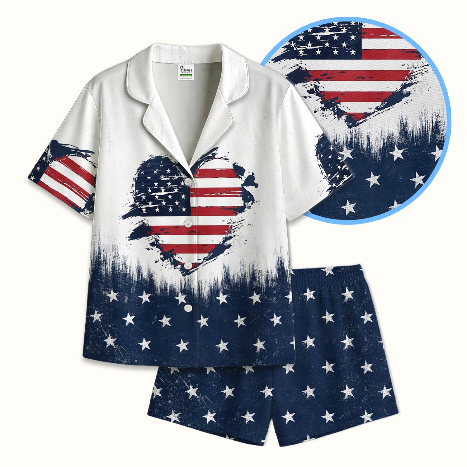 Patriotic Nurse Adorable Scrub Top USA Heart Pattern Pajama Set, Soft Breathable Fabric Comfortable Sleepwear