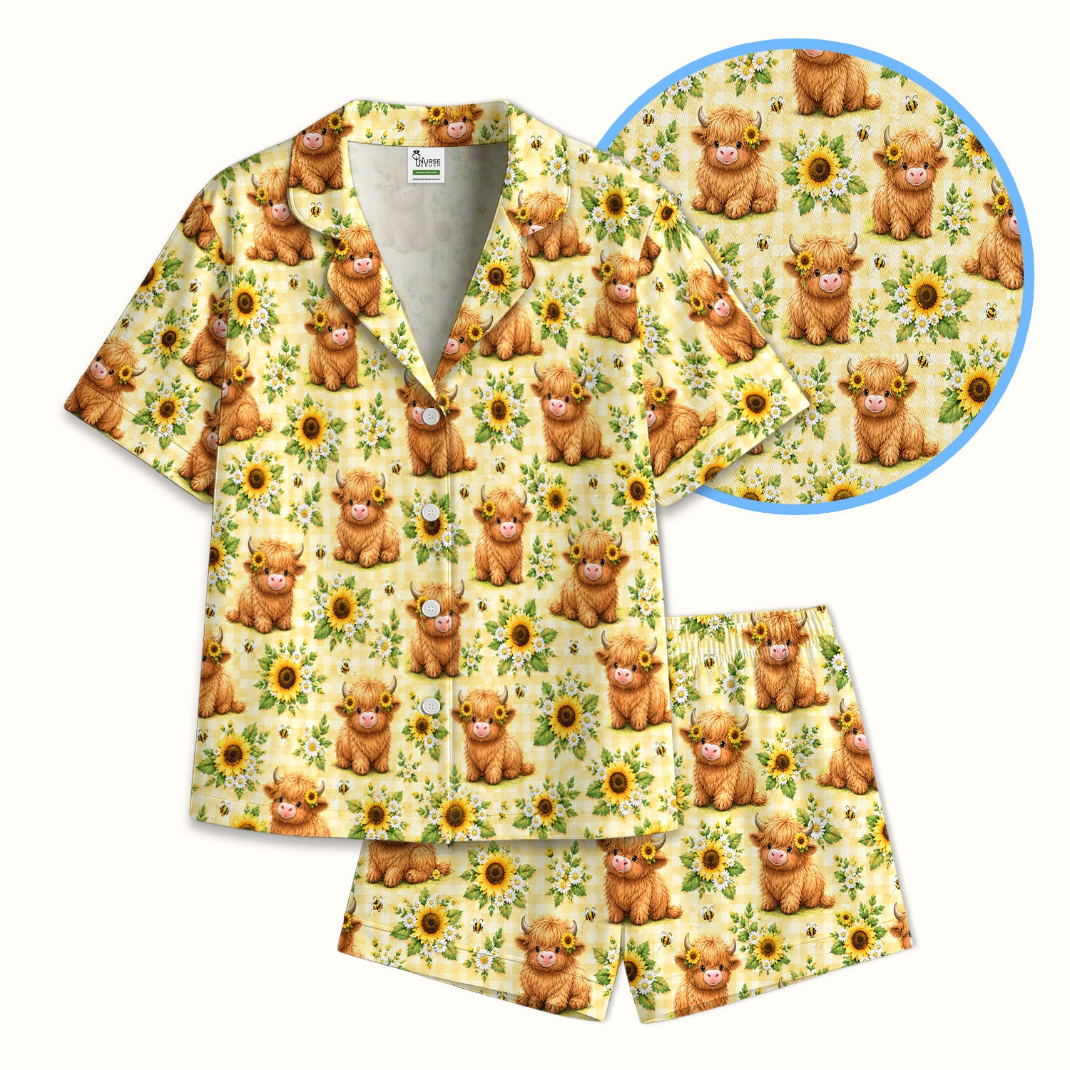 Sunflower Highland Cow And Bee Pattern Pajama Set, Soft Breathable Fabric Comfortable Sleepwear