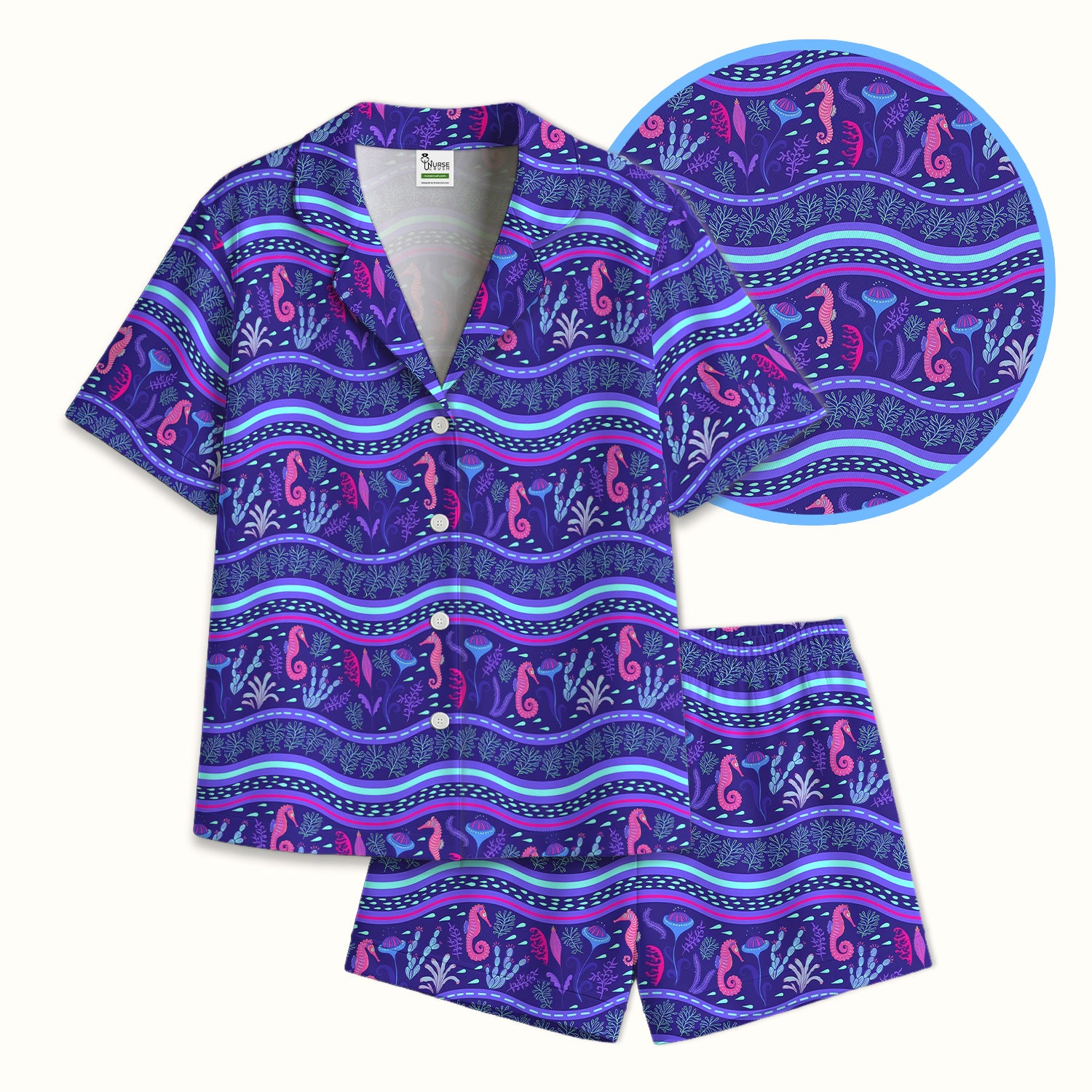 Purple Seahorse Ocean Pattern Pajama Set, Soft Breathable Fabric Comfortable Sleepwear