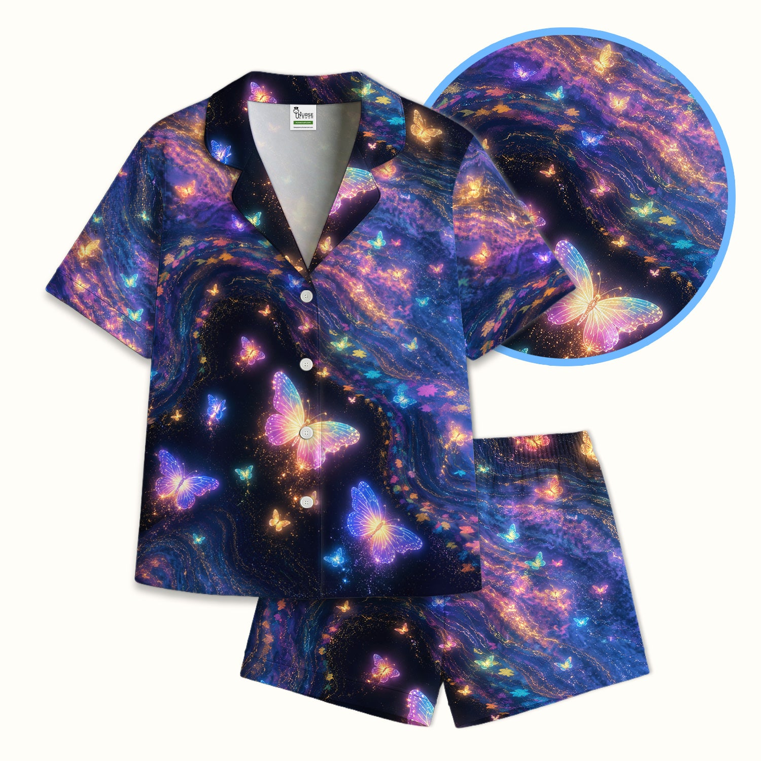 Neon Butterfly Galaxy Marble Print Pajama Set, Soft Breathable Fabric Comfortable Sleepwear