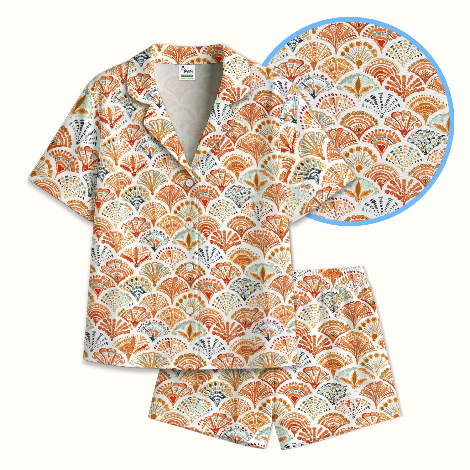 Cute Boho Fan Pattern Pajama Set, Soft Breathable Fabric Comfortable Sleepwear