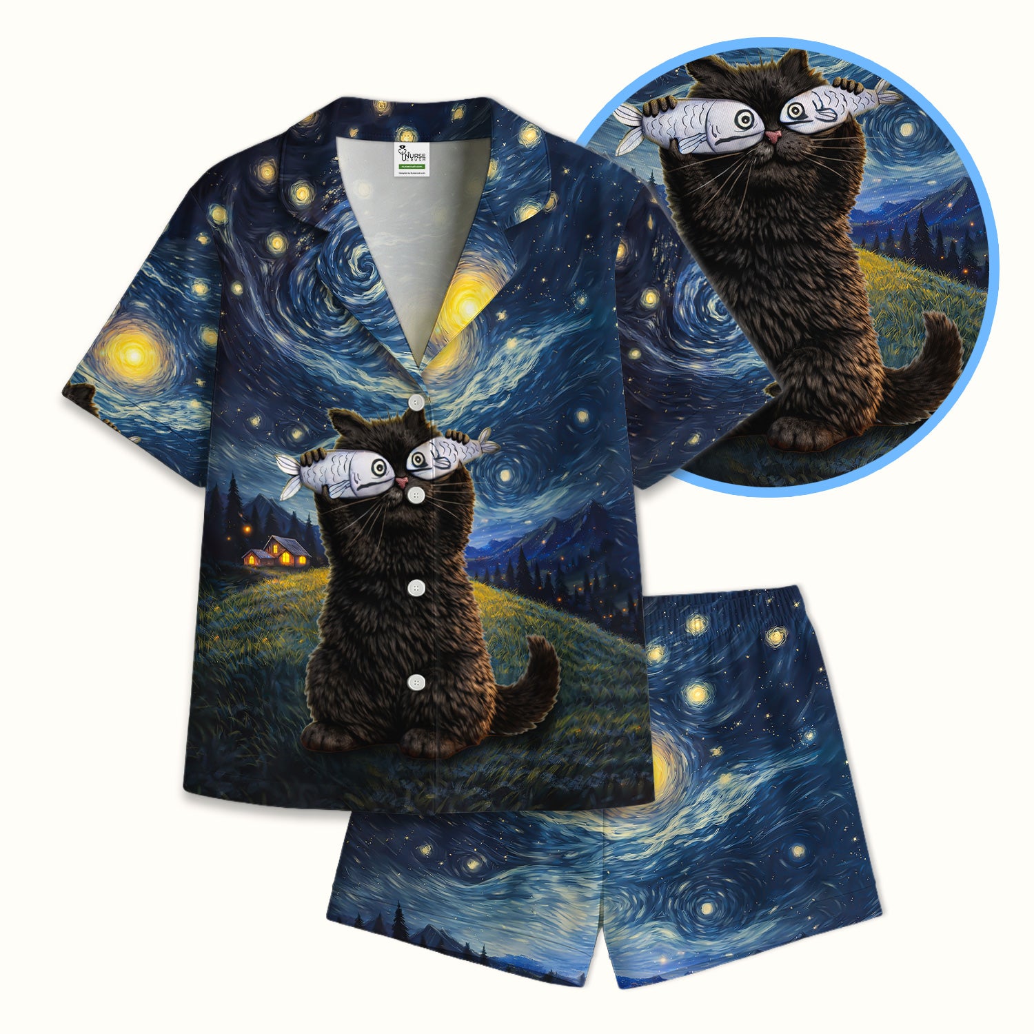 Starry Night Cat Art Print Pajama Set, Breathable Fabrics Uniform